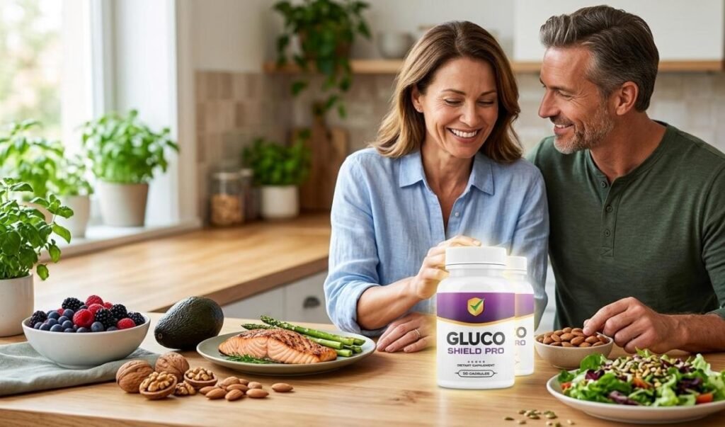 diabetic recipes - happy couple enjoying healthy meal with Gluco Shield Pro supplement